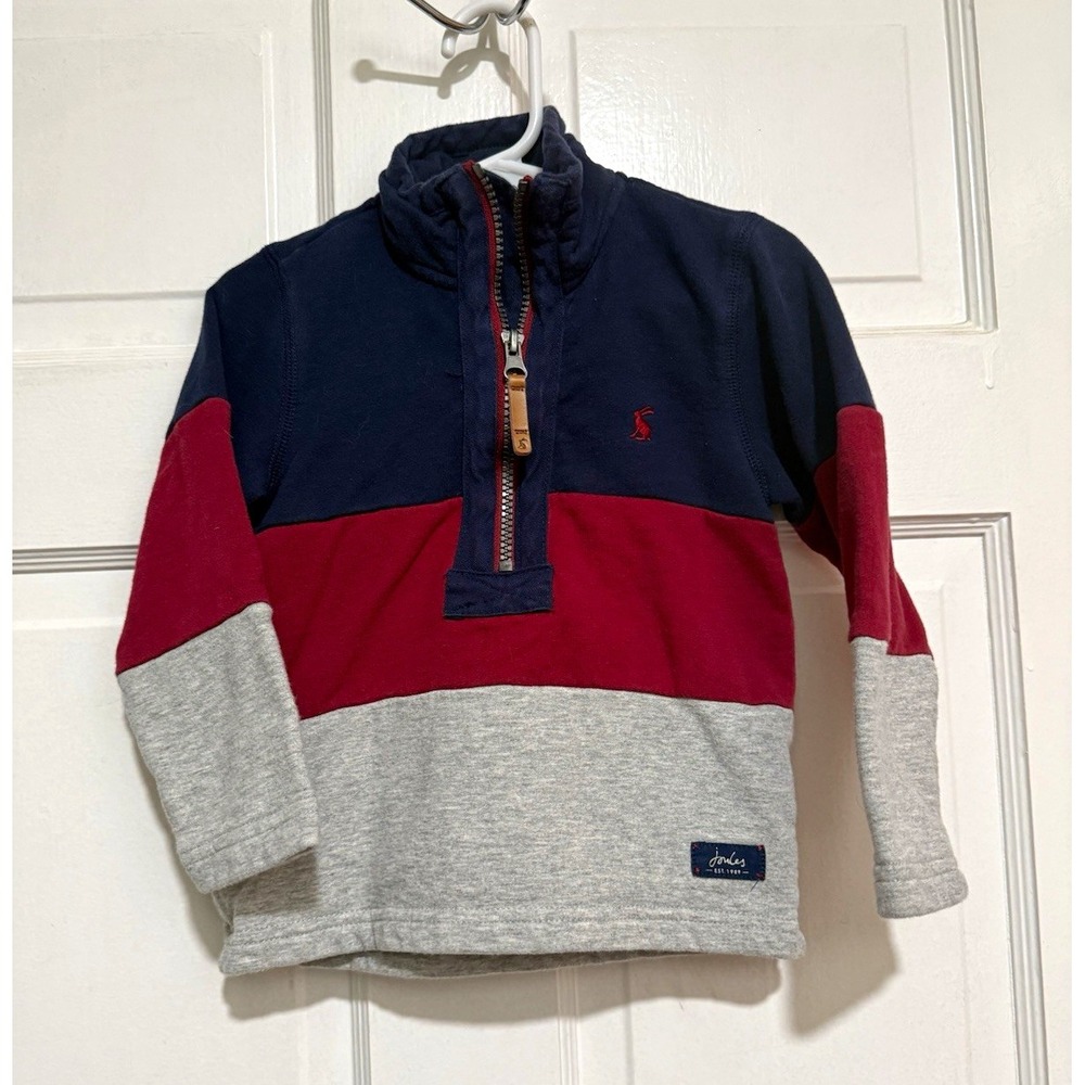 Joules Boys Colorblock 1/4 Zip Fleece Sweatshirt Navy Red Gray Logo 2T